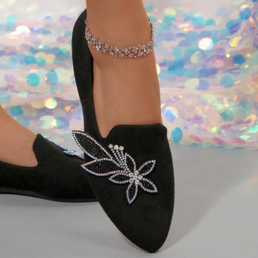 Floral Rhinestone Pointed Toe Flat Smooth Vegan Suede Slip-On Loafer Bling Shoes